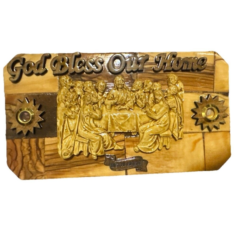 Olive Wood Last Supper Plaque God Bless Our Home Handcarved Bethlehem 8”x4”